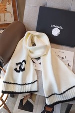 CHANEL 26A Wool Cashmere Knit Scarf Cream Black Double CC Logo 180x30cm picture