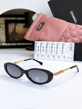 CHANEL CH5565 Black Oval Sunglasses Gray Gradient Lens Gold Logo 54-17-140 picture