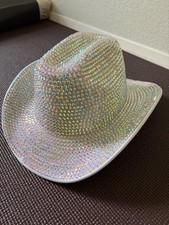 Sparkly Iridescent Rhinestone Bling Silver Tone Cowgirl Cowboy Hat Halloween picture