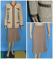 St John Collection Jacket Skirt Size 10 12 14 Brown White 3pc Suit Trim Zipper picture