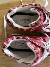 CHANEL Unisex Red Tweed & Leather Lace-Up Sneakers picture