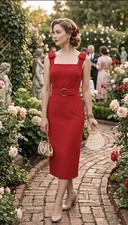 NWT Suzabelle VTG Inspired Red Sheath Midi Dress Size M. Belted, Square Neck. picture