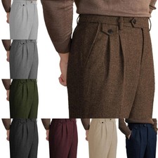 Tweed Herringbone Mens Trousers Slacks Pleated Pants for Formal Casual Work Wear picture