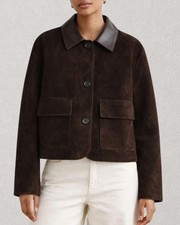 Women's Brown Real Suede Leather Cropped Jacket Button Front Coat With Pockets picture