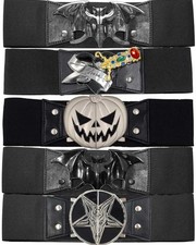 Kreepsville Black Waist Elastic Belt Elvira Dagger Bat Baphomet Pumpkin 3 Sizes picture