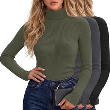 Velvelhall Women's Ribbed Turtleneck Tops Long Sleeve Shirts Mock Turtle 3PK-M picture