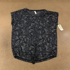 Ideology Women's Size Medium Gray Black Floral Short Sleeve Drawstring Shirt NWT picture