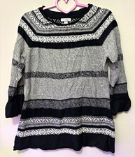 Charter Club Women's M Black Gray White Striped Knit Crew Neck Ruffle Sweater picture
