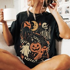 Retro Halloween T-Shirt Black Cat Ghost Skeleton Pumpkin Witch Spooky Y2K Tee picture