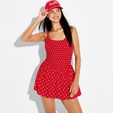 JoyLab Women's Polka Dot Smocked Sleeveless Dress - Red Polka Dot picture