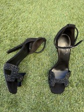 $2K Hermes Joy 105 Noir Black Suede Crystal Strass Ankle Strap Sandal Heels 38 picture