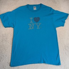Vintage Y2K Jerzees T-Shirt Women L Blue I Heart NY Rhinestone Souvenir Tee picture