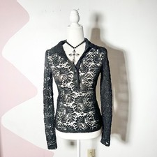 Vtg Y2k 2000s Black Lace Top Medium Floral Victorian 90s Goth Whimsigoth picture