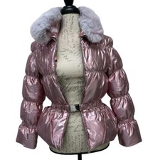 Miss Grant Girls Designer Down Jacket Fox fur collar 10 / 11 Pink Shimmer Puffer picture