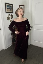 Vintage 60s Gothic Revival Burgundy Red Velvet Dress Train Off The Shoulder Sm picture