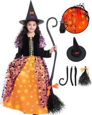 New Deluxe Girls Witch Halloween Costume Light Up Dress Hat Broom Sz 5-7 SM picture