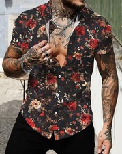 Vintage Red Roses Floral Hawaiian Shirt Mens Black Casual Daily Attire DUTY PAID picture