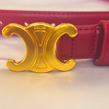 CELINE Women’s Burgundy Fashion Belt w/ Gold-Tone Logo Buckle, Size 110 picture
