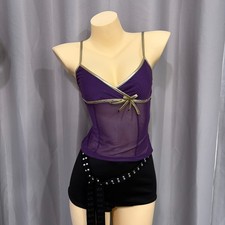 Y2K Purple Mesh Cami Top with Gold Trim & Bow | Vintage 2000s Slim Fit Size S picture