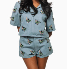 Queen Of Sparkles Set XS Blue Denim Embellished Jewel Butterflies Top Shorts picture