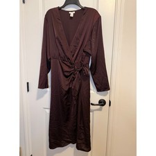 H&M Wrap Midi Dress Womens Size M Brown Excellent Satin Long Sleeve Elegant picture