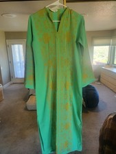 VINTAGE 1960S 1970S PISTACHIO GREEN  COTTON  KAFTAN  DRESS SZ S BOHEMIAN GEM picture