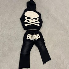 Mens 2 Piece tracksuit Distressed Hoodie and Pants Cotton Fleece Casual Unisex picture