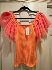 VEVERET Women’s Orange Pink Solid Square Neck Smocked Ruffle Sleeve Top S picture