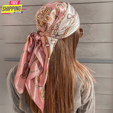 1Pcs Women's Light Pink Printed Satin Square Scarf Headband Hair Scarf Bandana picture