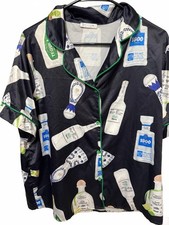 SHESHOW Tequila Bottle Print Satin Pajama Top Black Green Size L picture
