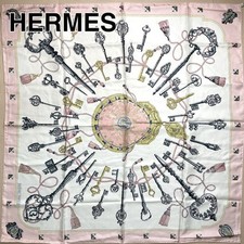 Hermes Carre 90 Silk Scarf Key Print Pink Very Good picture