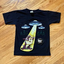 VINTAGE 90s Looney Tunes Taz Alien Invasion Graphic Black T-shirt Youth Size L picture