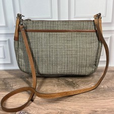 Vintage Orvis Tweed & Leather Crossbody Shoulder Bag Purse Tan Cream Boho Gorp picture