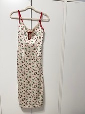 Cherry Print Satin Slip Dress White Red XS Worn Once Lace Trim picture