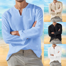 Men's Cotton Linen Shirt Long Sleeve V Neck Pullover Casual Beach Summer Top NEW picture