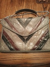 Vintage Varon Brown Snakeskin Patchwork Purse Clutch Chain Shoulder Bag 1970s picture