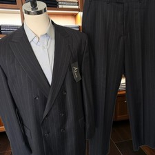 New Vintage Double Breasted Peak Lapel Suit 48r 37x33 Pinstripe Wool Trevira picture