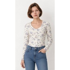 Lucky Brand Women's Floral Faux Button Front Ribbed Top Cream Small Cottagecore picture