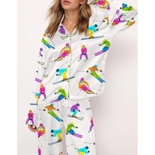 SHESHOW Women Skier Print Satin Pajama Set White Multi Long Sleeve Large NWT picture