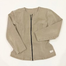Vtg 80s Jimmyz Tan Canvas Denim Jacket L Collarless Shoulder Pads Surf Wear picture
