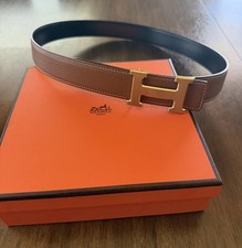 Hermès Reversible H Belt 32mm Gold Brown Black Brushed Gold Buckle Size 80 picture