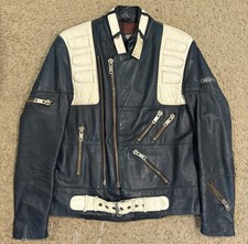 VINTAGE HEIN GERICKE DARK BLUE & CREAM LEATHER BIKER JACKET LARGE 44 STUNNING picture
