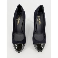 Chanel Black Suede Patent Cap Toe Platform Pumps Gold CC Logo Heel 39.5 US 9 9.5 picture