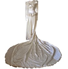 Vtg 70s 80s Victorian Revival Satin Wedding Gown, Rosette & Ruffle Detail,0/00 picture