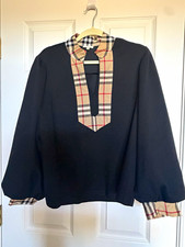 Jodifl Black Plaid Collared Woven Blouse Top, Contrast Trim 3/4 Sleeve L picture