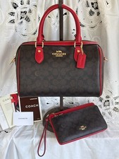 Coach Bag Set - Walnut and Red Rowan Satchel CV961 and Double Zip Wallet CX161 picture