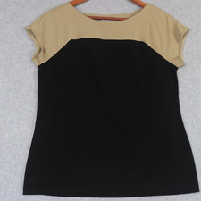 Liz Clairborne Women's Top Blouse Small Black & Beige Two Tone Cap Sleeve picture