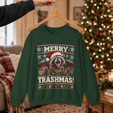 Merry Trashmas Raccoon Sweatshirt Funny Trash Panda Ugly Christmas Holiday Gift picture
