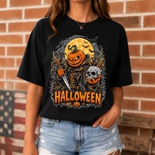 Halloween Pumpkin Scarecrow T-Shirt, Skeleton Horror Tee, Spooky Fall Gift picture
