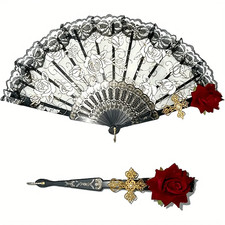 Spanish Flamenco Rose Lace Folding Hand Fan Vintage Gothic Black Handheld Fan 1P picture